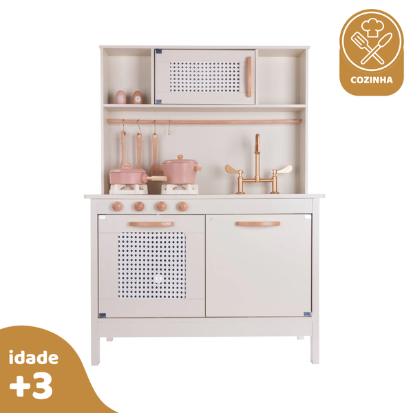Kit Cozinha com Fogão Elétrico Off White, de Madeira